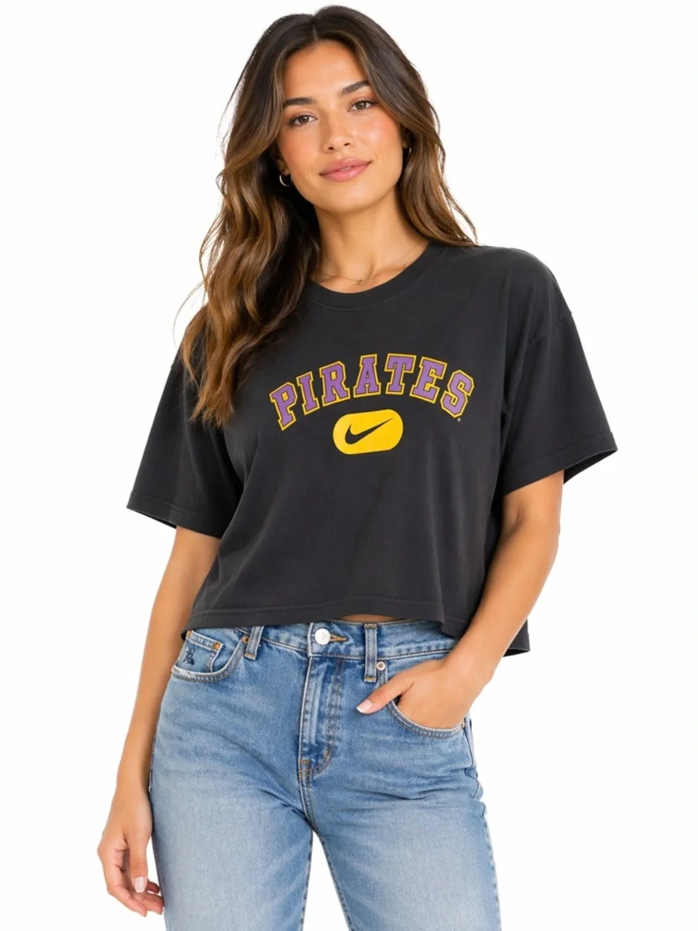 Nike Pirates‎ ECU Women's Size Medium Cropped Black T-Shirt Loose Fit Oversized